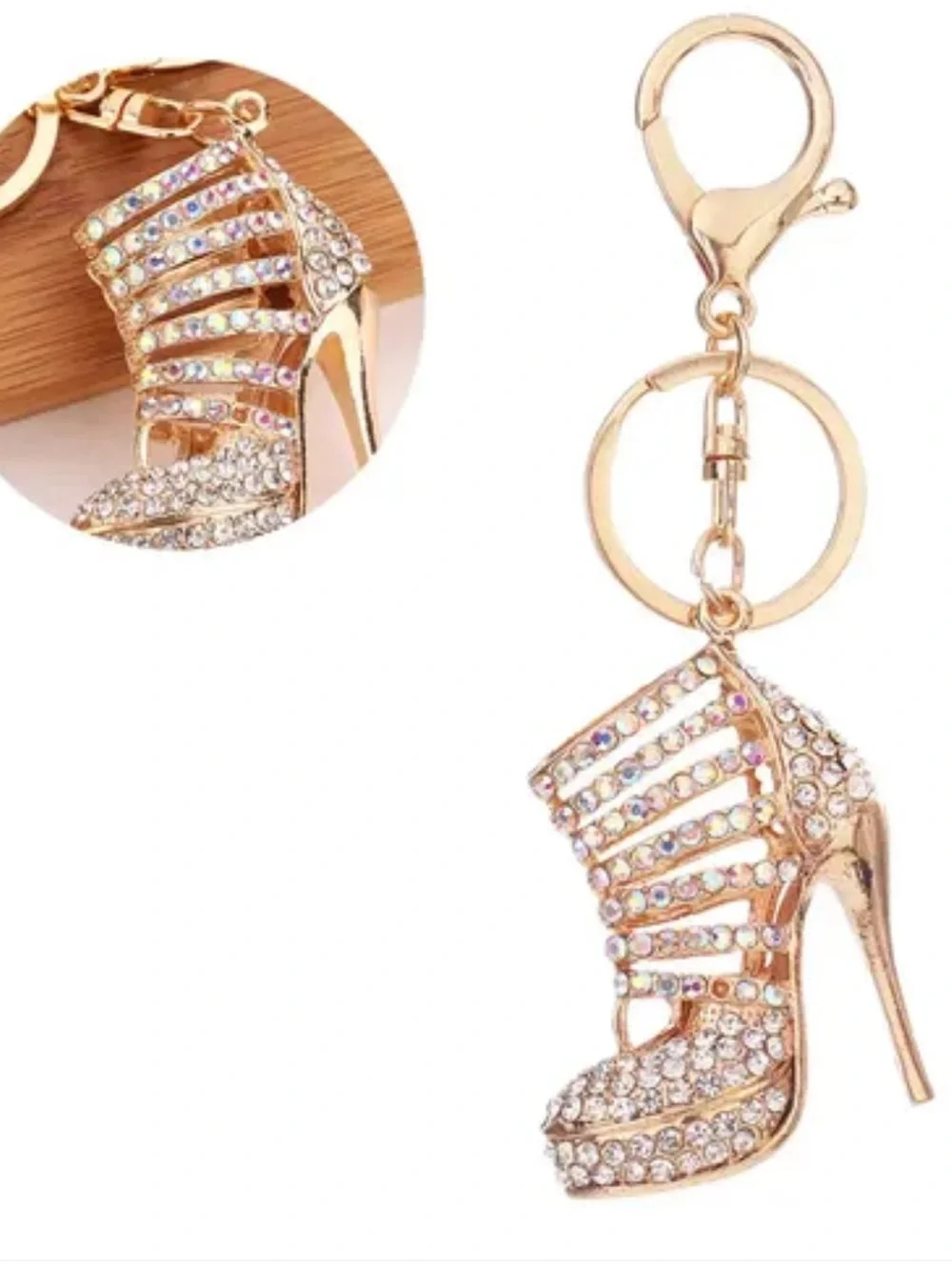 Crystal High Heel Shoe Keychain Bag Charm Gold & Pink Sparkly Bling Rhinestones